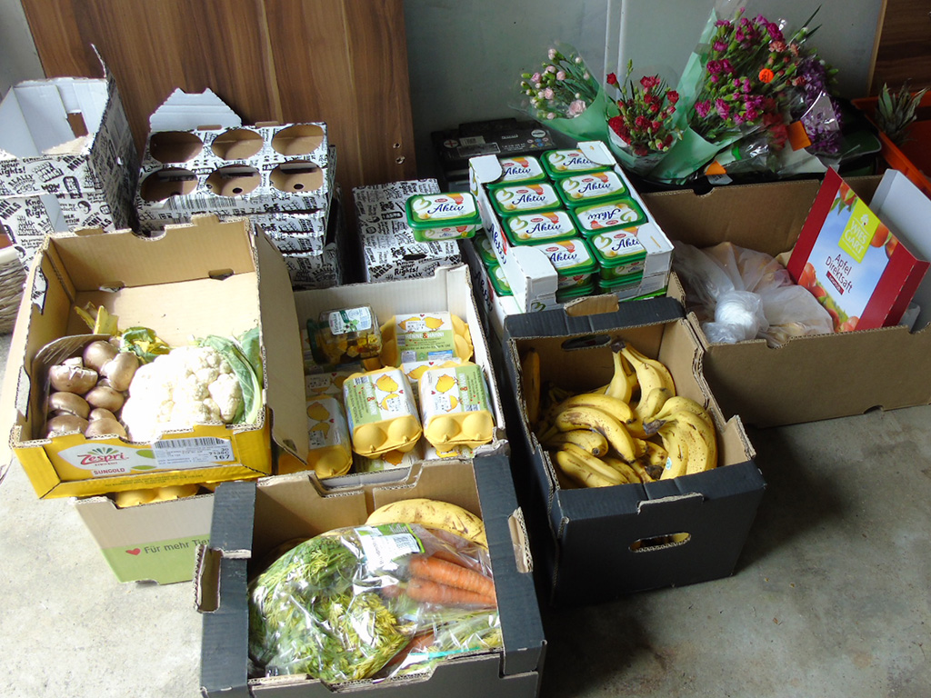 Im Lagerraum finden sich bereits Obst, Gemüse, Eier, Milchprodukte und Schnittblumen