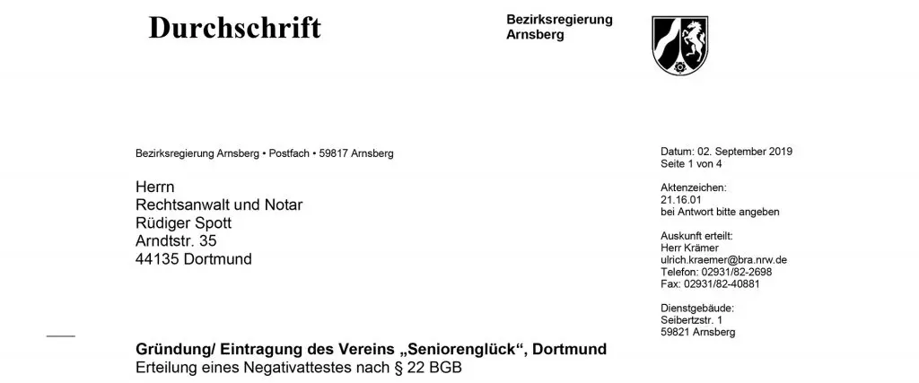 Negativattest Regierungsbezirk Arnsberg