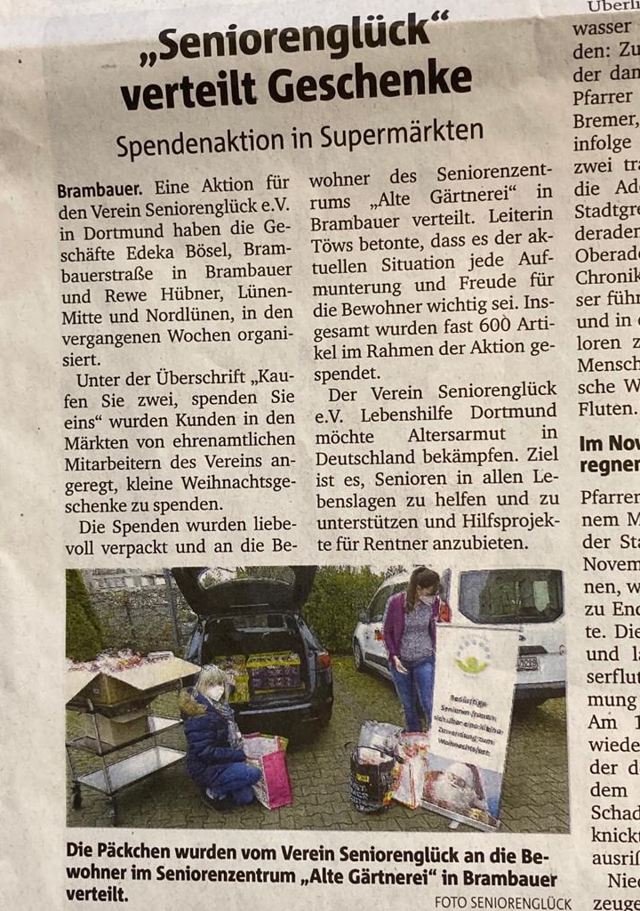 Die Ruhr Nachrichten Lünen vom 31.12.2020 berichten über Spendenaktionen des Seniorenglück e.V. in Supermärkten