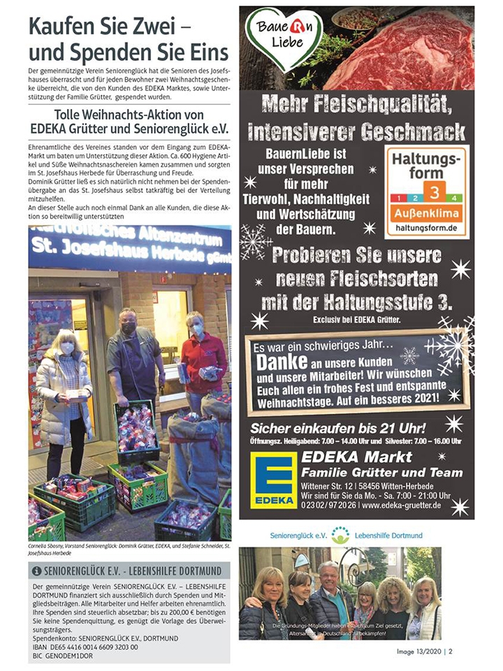 Über die Kaufe 2 und Spende 1 - Aktion von EDEKA Grütter für das Altenzentrum St. Josefshaus in Herbede wurde in der Weihnachtsausgabe des Image Magazins vom 21.12.2020 berichtet.