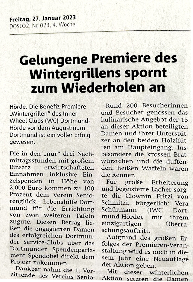 Die WAZ vom 27.01.2023 berichtete über die gelungene Premiere des Wintergrillens im Augustinum