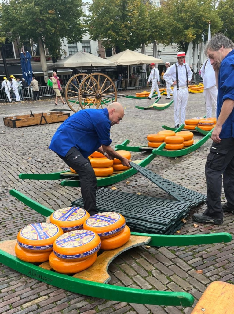 Auf dem Käsemarkt in Alkmaar laden die Mitarbeiter die Käselaiber auf kleine Flöße, mit denen sie dann transportiert wurden.