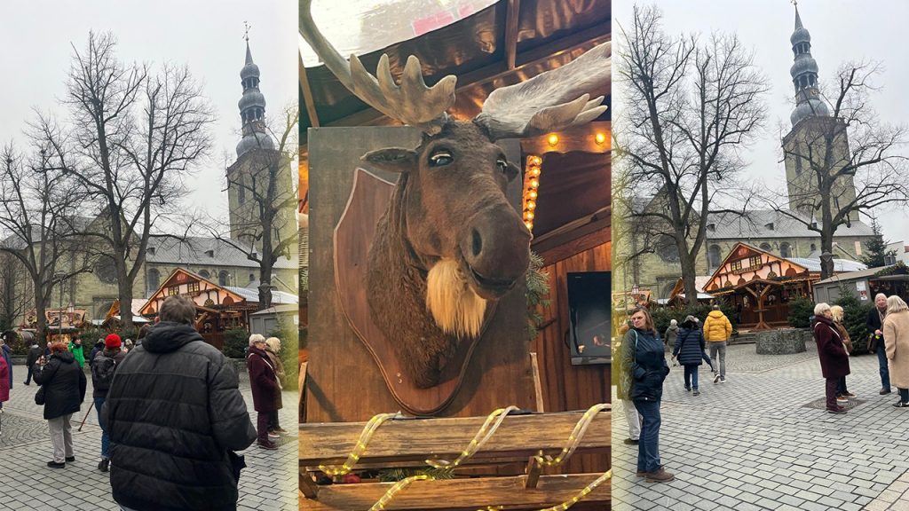 Besuch auf dem Soester Weihnachtsmarkt, links und rechts eine Kirche im Hintergrund, im Vordergrund Weihnachtsmarktstände und Besucher, in der Mitte der Kopf eines Plüsch-Rentiers