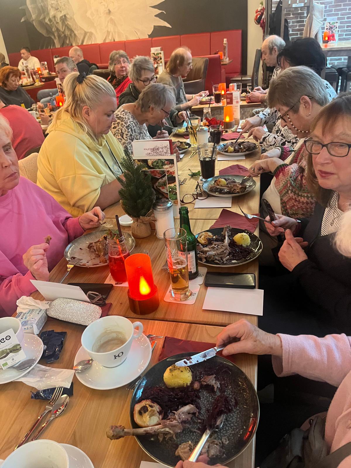 Gänse-Essen im Café Maximilian: Gänsekeule mit Rotkohl, Kartoffel-Kloß und Bratapfel