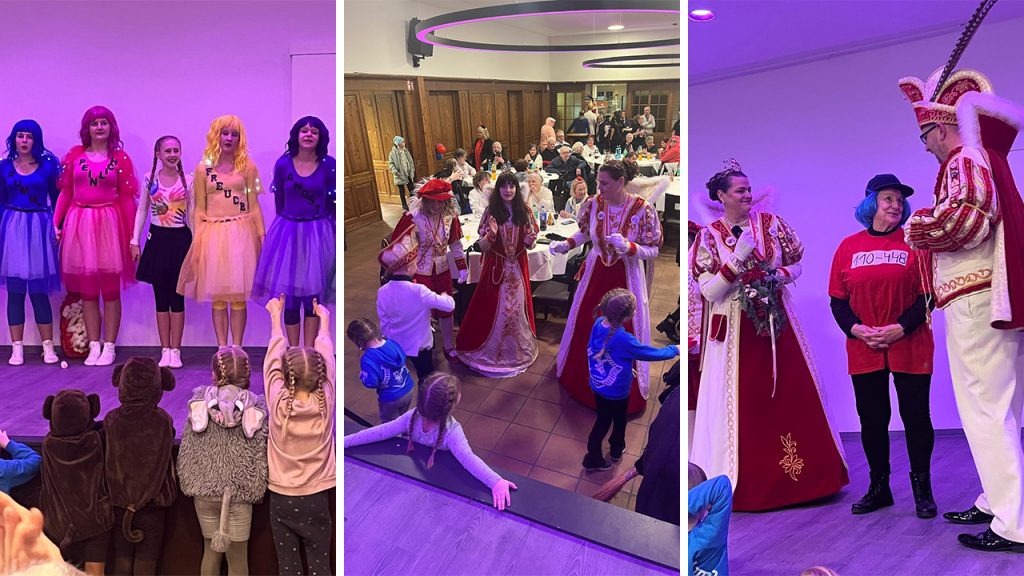 Rückblick auf die Karnevalsfeier: Links: Die Kirchderner Funken zeigen große Gefühle: Kummer, Peinlich, Freude, Angst - Mitte: die Karnevalsprinzessinnen tanzen mit den Kindern - Rechts: Das Karnevalsprinzenpaar ehrt die älteste Seniorin.