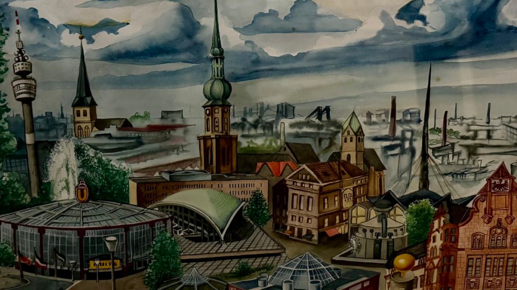 Tusche-Zeichnung der Dortmunder Innenstadt, im Vordergrund der Stadtgarten mit Opernhaus.