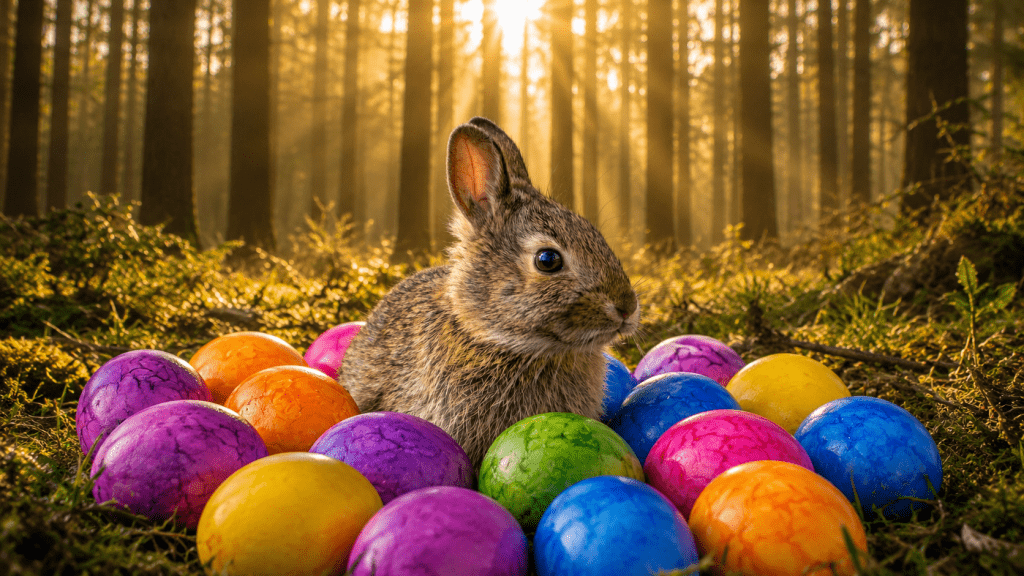 Osterhase im sonnendurchfluteten Wald, umgeben von bunten Ostereiern